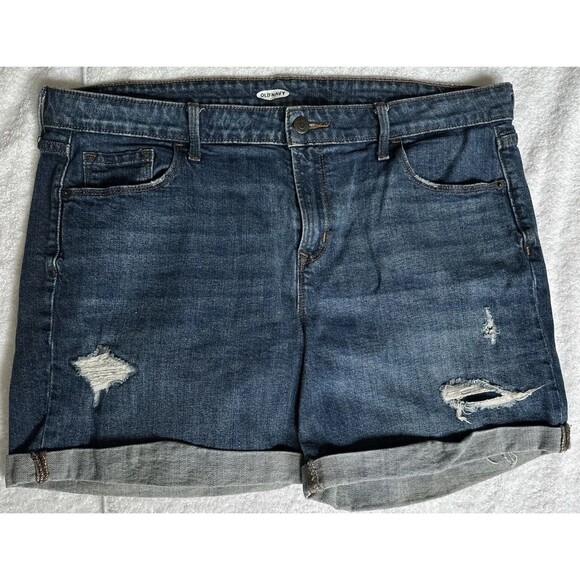 Old Navy Shorts 14 Jean Cuff Distress Blue Denim Stretch Womens Measure - Picture 1 of 4